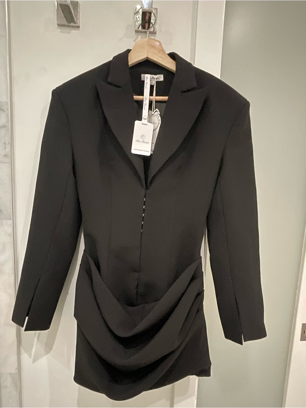 Fitted Black Blazer Mini Dress with Ruched Skirt Model Off Duty